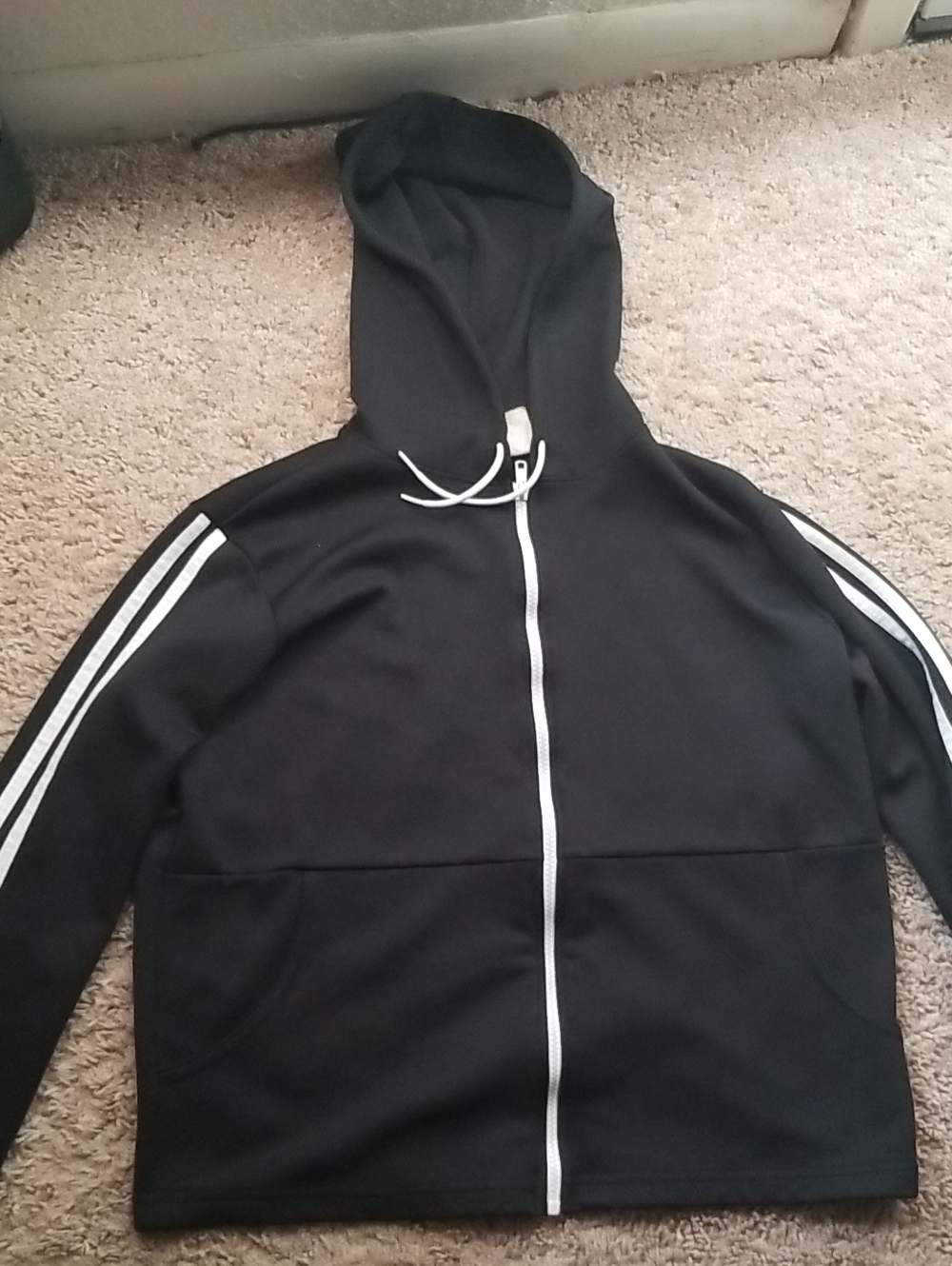 Athletic Works Black Hooded Zip Jacket with White Stripes